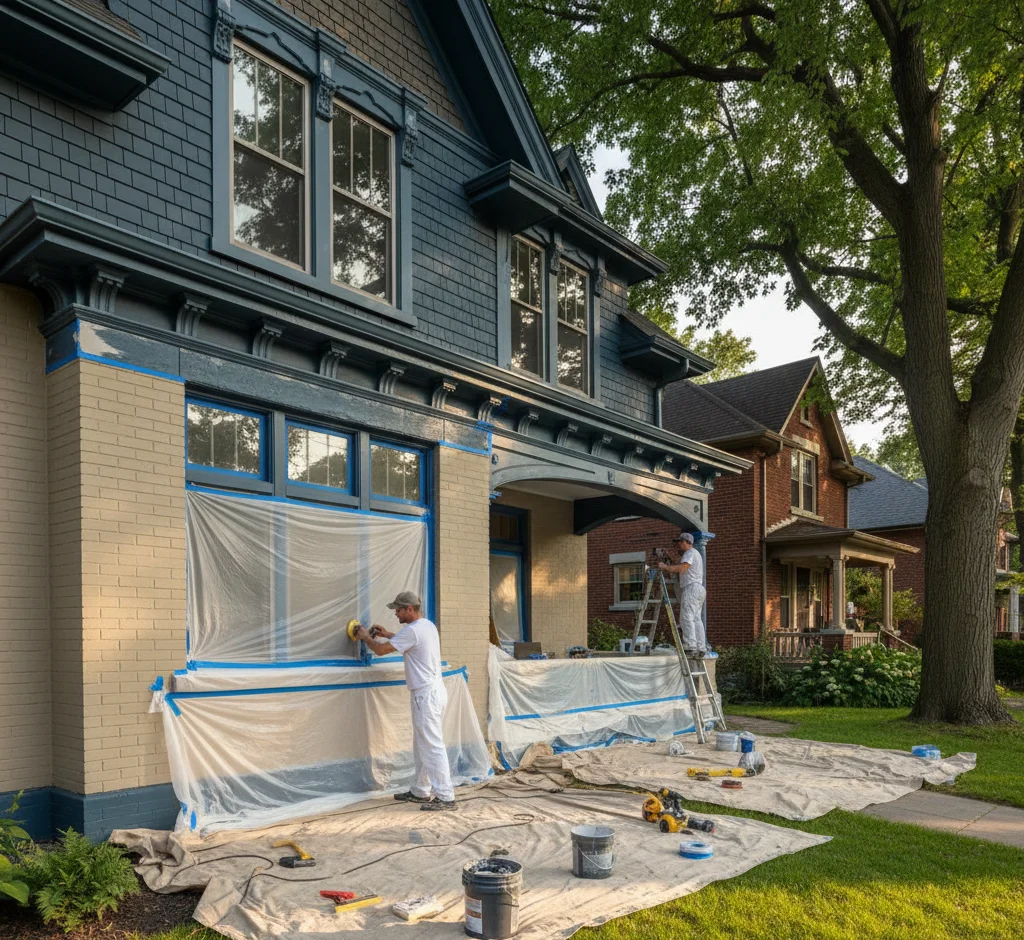 Exterior painting preparation on a home in Orleans.
