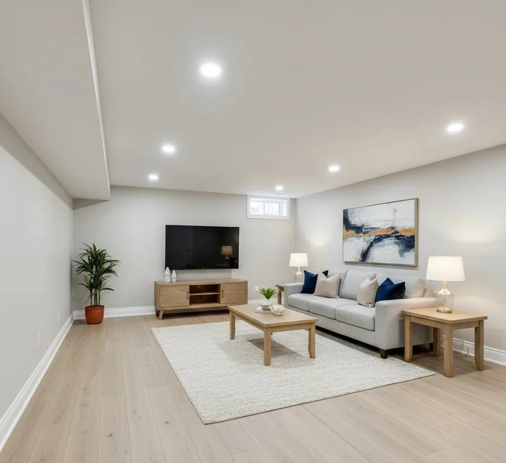 Completed painted basement with bright clean look.