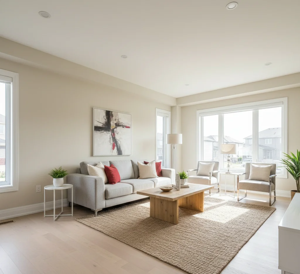 Freshly painted Barrhaven living room with modern interior colours.