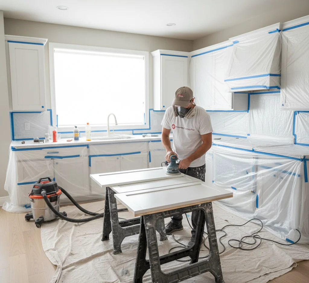 Painter prepping kitchen cabinets with protective coverings.