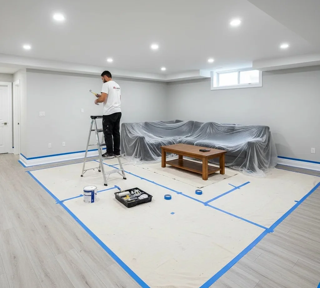 Basement painting prep with coverings.