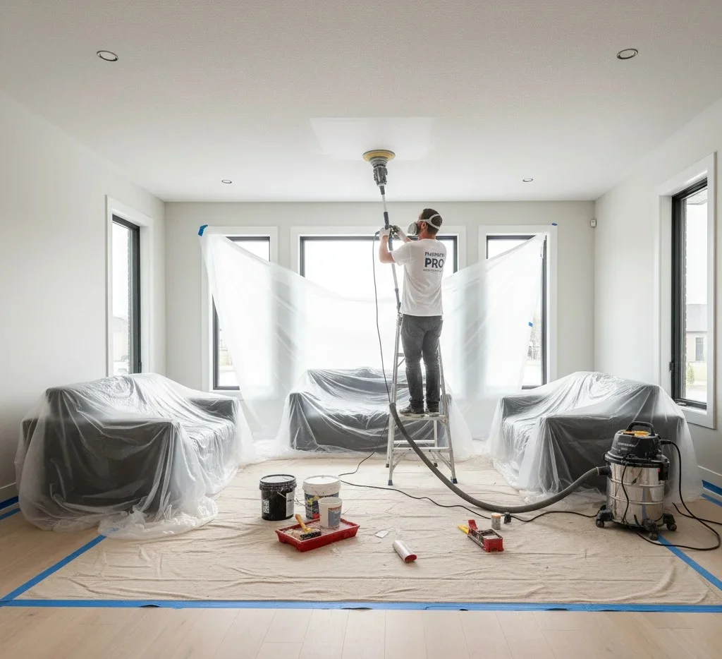 Dust-controlled ceiling removal with protective coverings.
