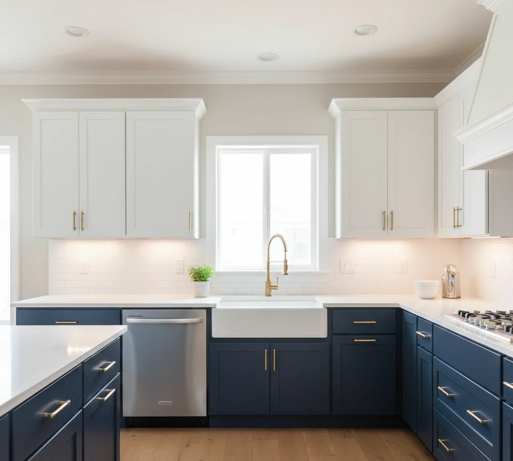 Completed modern kitchen with freshly painted cabinets.