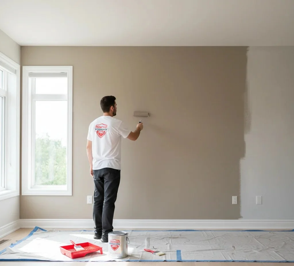 Painter preparing a room with protective coverings before painting.