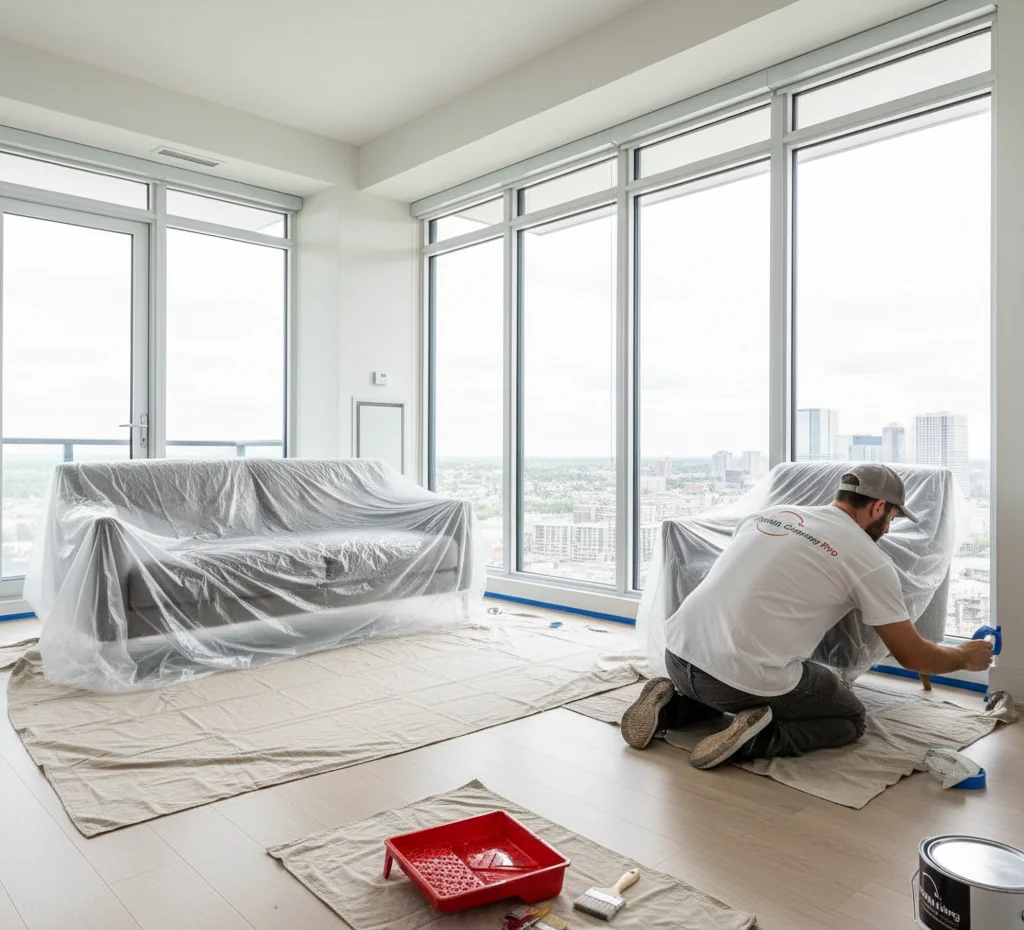 Painter prepping a condo with protective coverings.