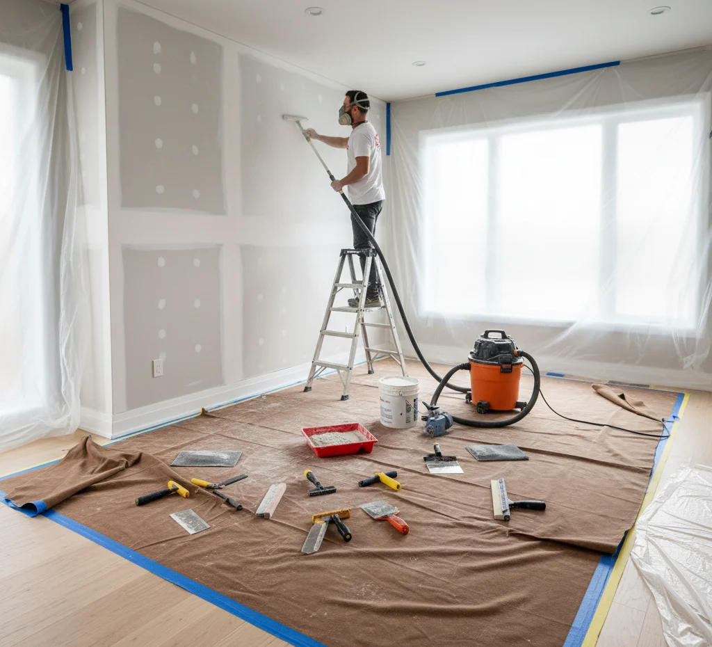 Painter repairing drywall with tools and coverings.