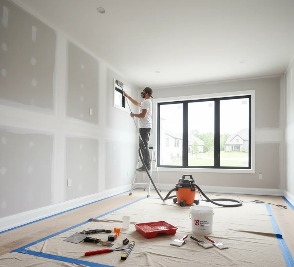 Painter prepping new drywall before painting.