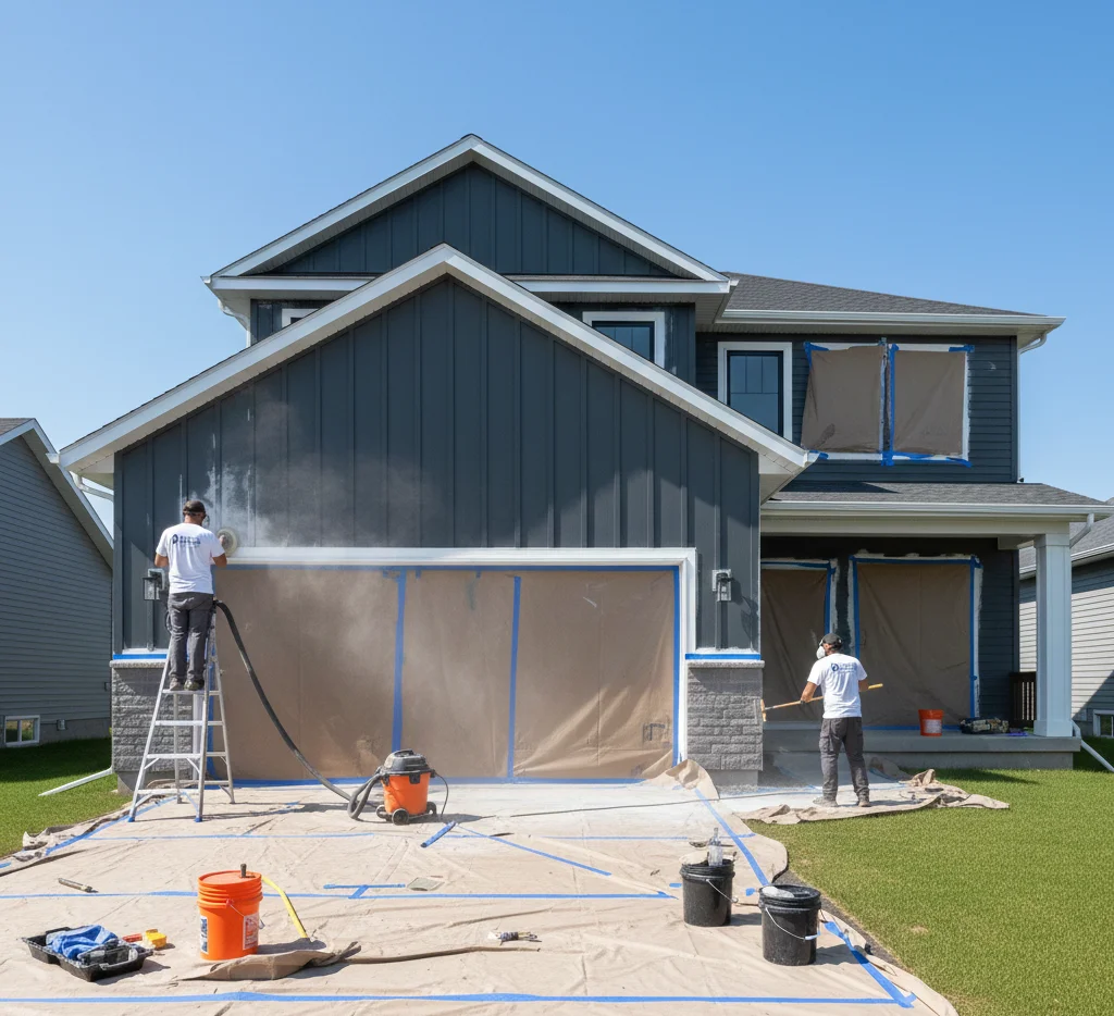 Painter prepping siding with sanding and cleaning.