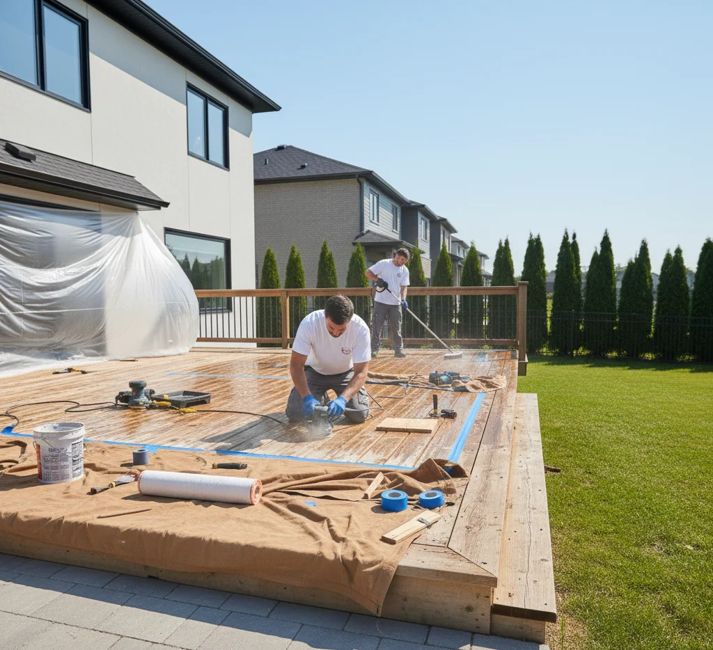 Painter prepping a deck with sanding tools.