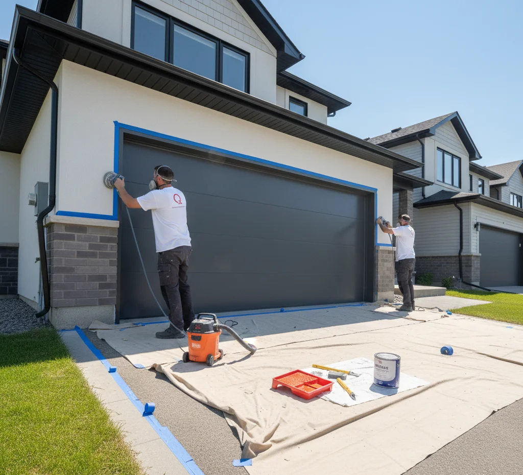 Painter sanding and prepping garage door.