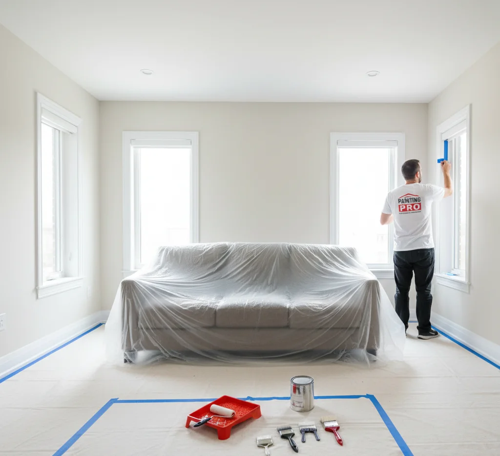 Interior painter preparing walls with protective coverings.