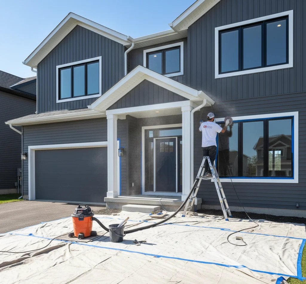 Painter prepping and sanding the exterior siding.