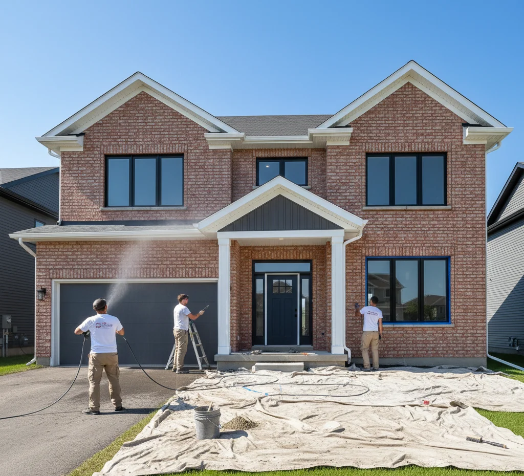 Painter pressure washing and prepping brick.