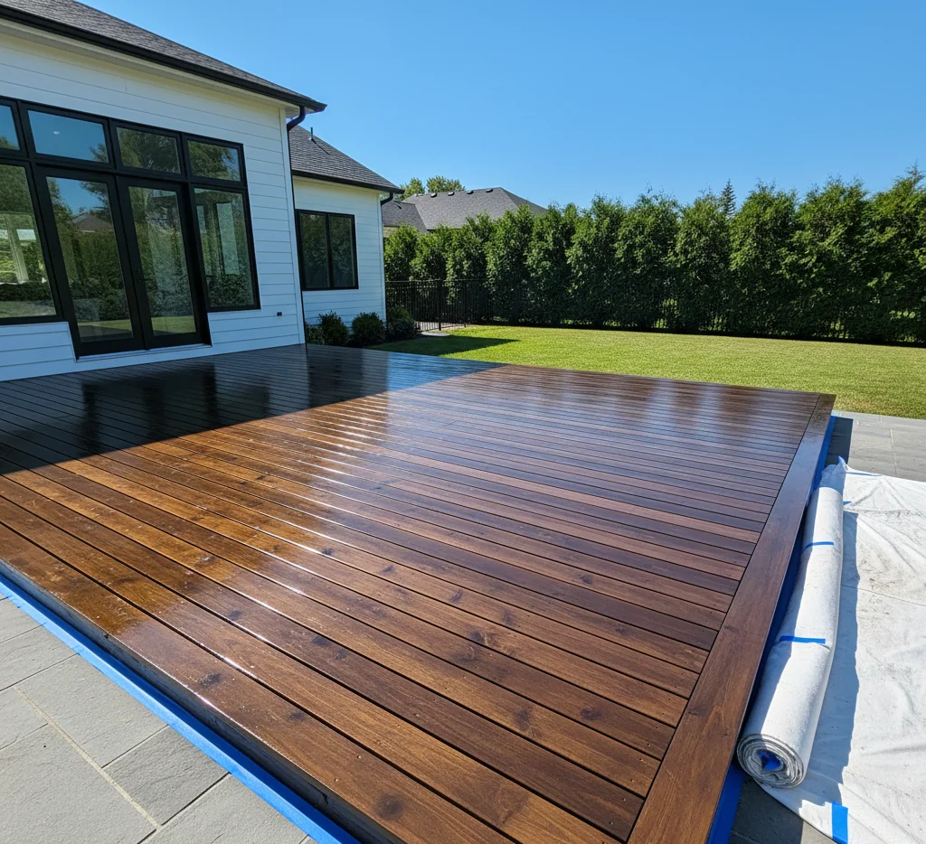 Completed deck and fence painting in an Ottawa backyard.