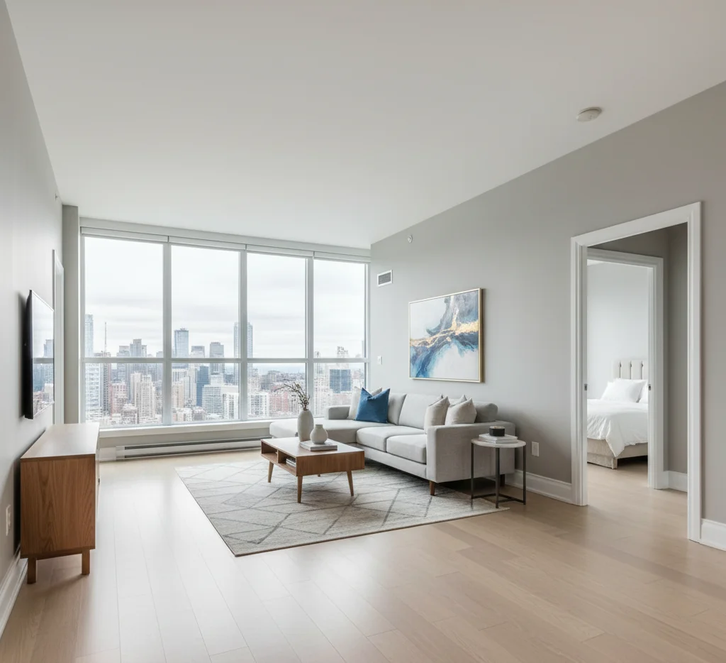 Finished modern condo interior.