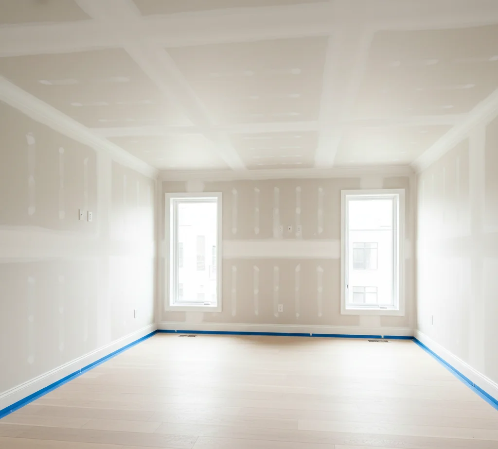 Completed drywall repair with smooth walls.