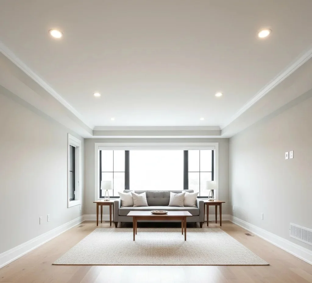 Completed smooth ceiling in a bright, modern room.